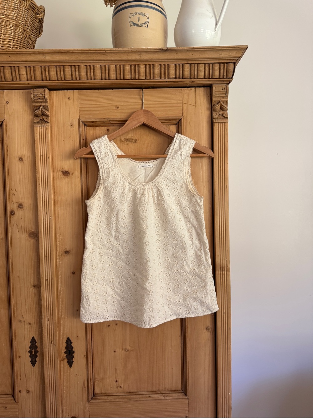 Linen Blend Eyelet Tank Top - Cream
